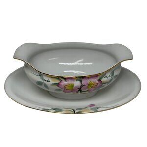 VTG Noritake Azalea Gravy Sauce Boat Attached Underplate Hand Painted Japan READ